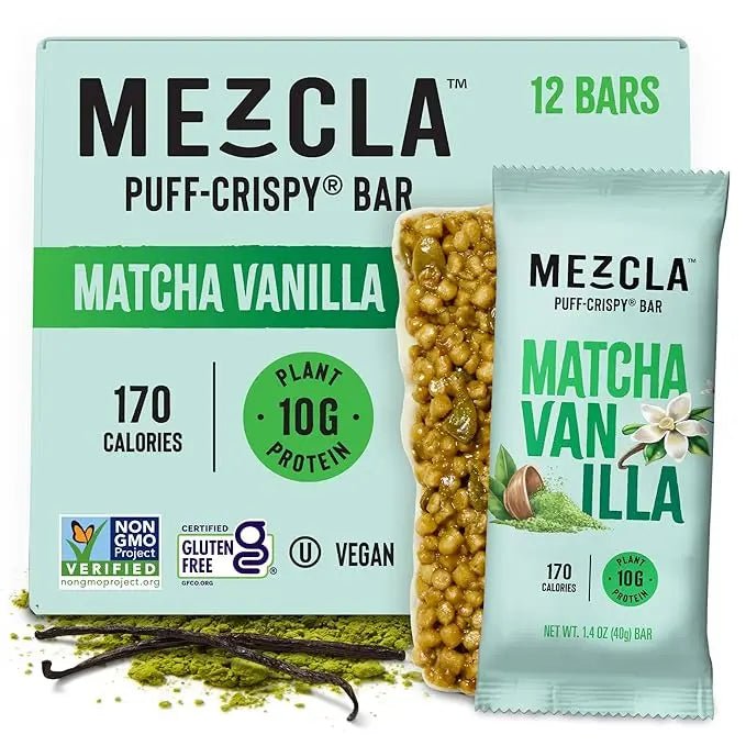 Mezcla Puff Mix Crispy Protein Bars, Gluten Free & Vegan Protein Bars, 10g Protein, Alt for Pistachio Dubai Chocolate Bar, Granola Bars & Breakfast Bars, Healthy Snacks for Adults, Pistachio Chocolate, 12 Pack - Fresh Hearth