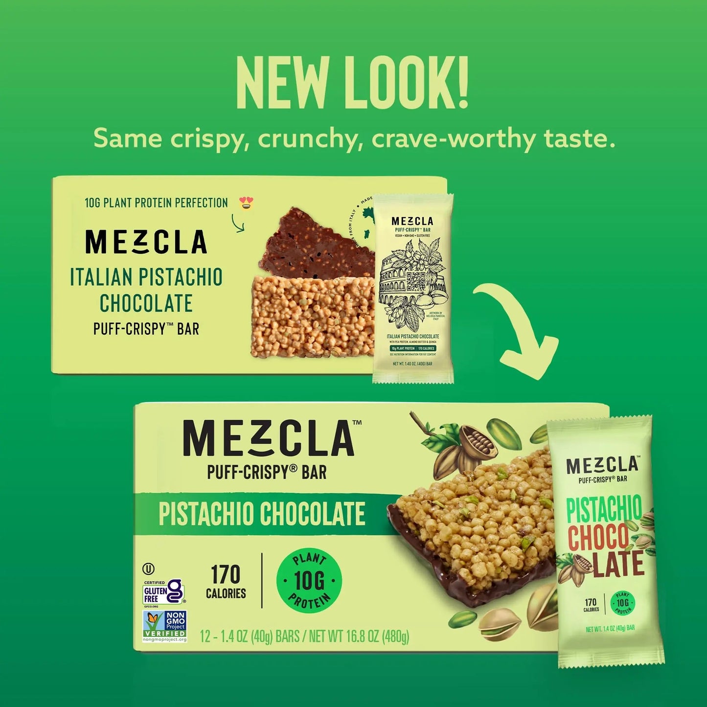 Mezcla Puff Mix Crispy Protein Bars, Gluten Free & Vegan Protein Bars, 10g Protein, Alt for Pistachio Dubai Chocolate Bar, Granola Bars & Breakfast Bars, Healthy Snacks for Adults, Pistachio Chocolate, 12 Pack - Fresh Hearth