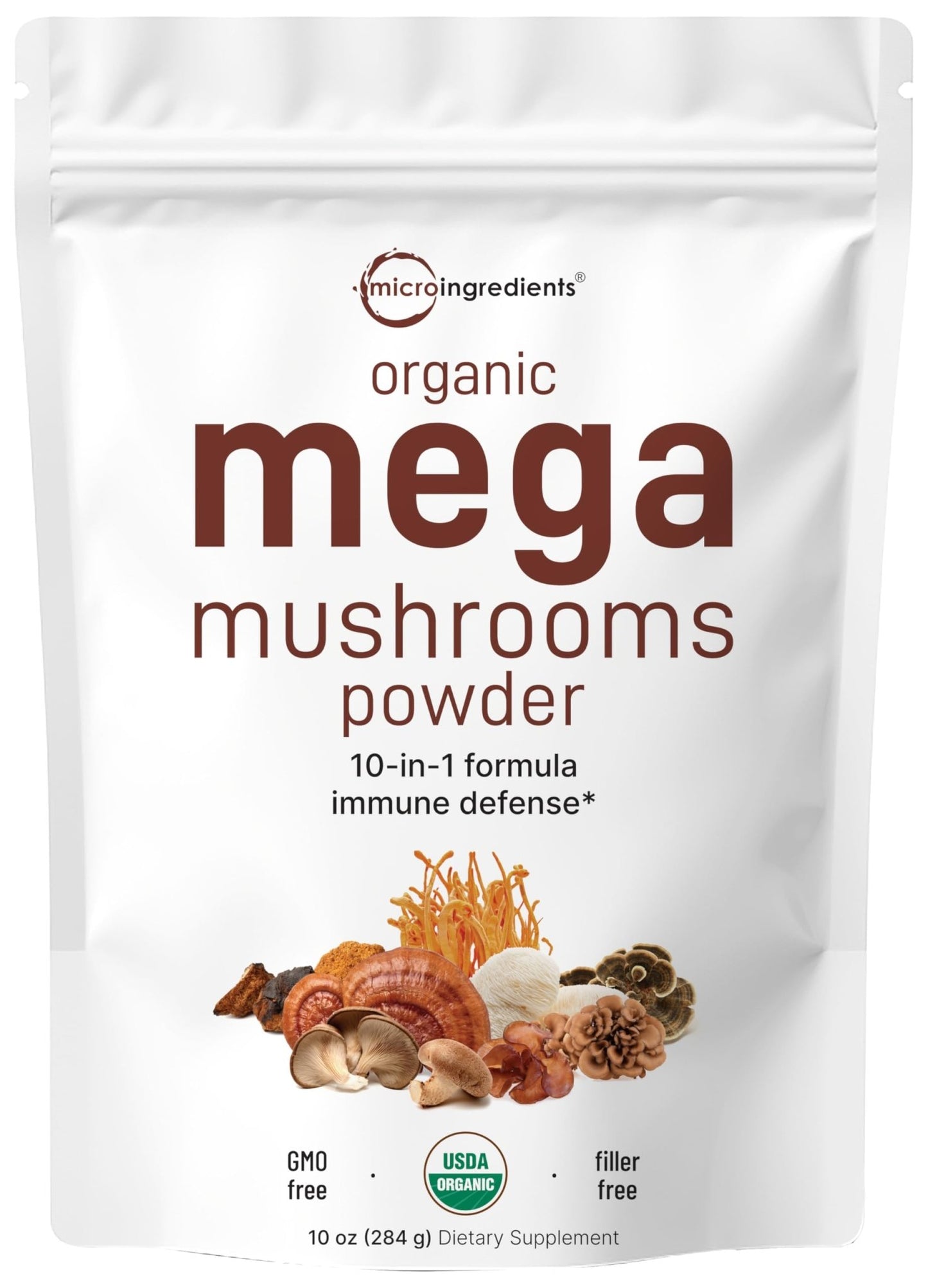 Micro Ingredients Organic Mega Mushroom Powder,10 Ounce (284 Days Supply) | 10 in 1 Complex Formula for Immune System Booster | Chaga, Lions Mane, Cordyceps, Reishi & More | Filler Free, Vegan - Fresh Hearth