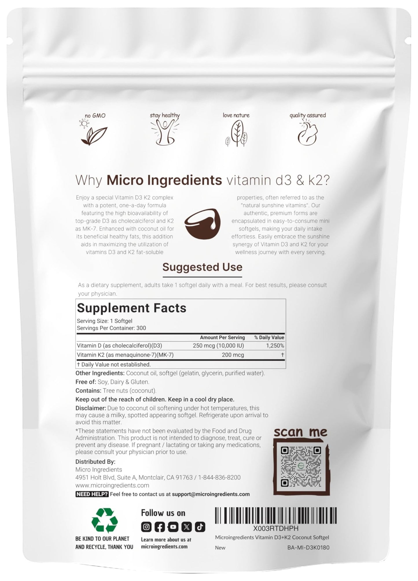 Micro Ingredients Vitamin D3 10,000 IU + K2 MK - 7 200 mcg, 300 Softgels | Virgin Coconut Oil | 2 - in - 1 Bone, Immune & Heart Support | Easy to Swallow, Non - GMO - Fresh Hearth