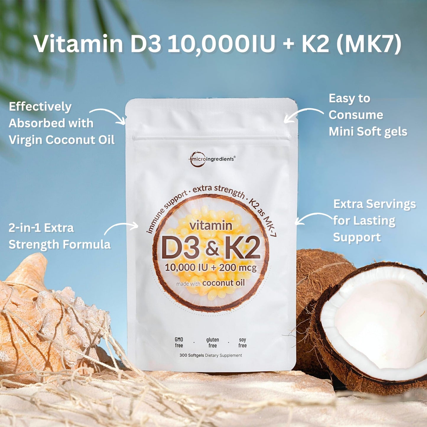 Micro Ingredients Vitamin D3 10,000 IU + K2 MK - 7 200 mcg, 300 Softgels | Virgin Coconut Oil | 2 - in - 1 Bone, Immune & Heart Support | Easy to Swallow, Non - GMO - Fresh Hearth