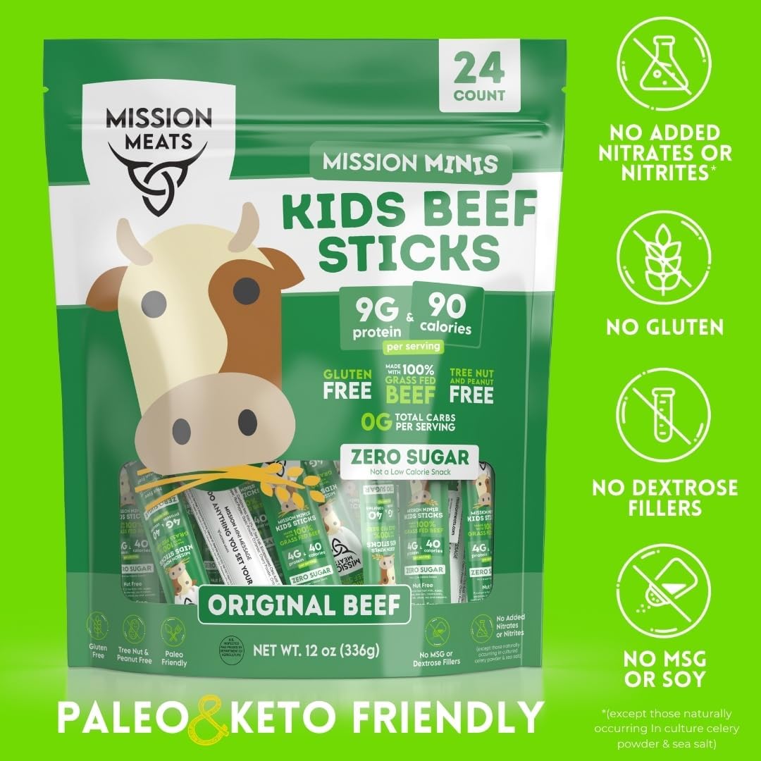 Mission Meats Kids Beef Sticks – 100% Grass Fed & Pasture Raised, Healthy Snacks for Kids and Toddlers, Gluten & Nut Free, Non - GMO, 0.5oz, 24 Count (Pack of 1) - Fresh Hearth