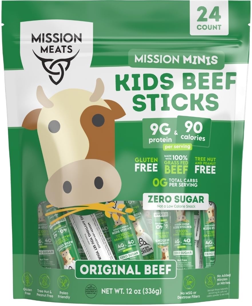 Mission Meats Kids Beef Sticks – 100% Grass Fed & Pasture Raised, Healthy Snacks for Kids and Toddlers, Gluten & Nut Free, Non - GMO, 0.5oz, 24 Count (Pack of 1) - Fresh Hearth