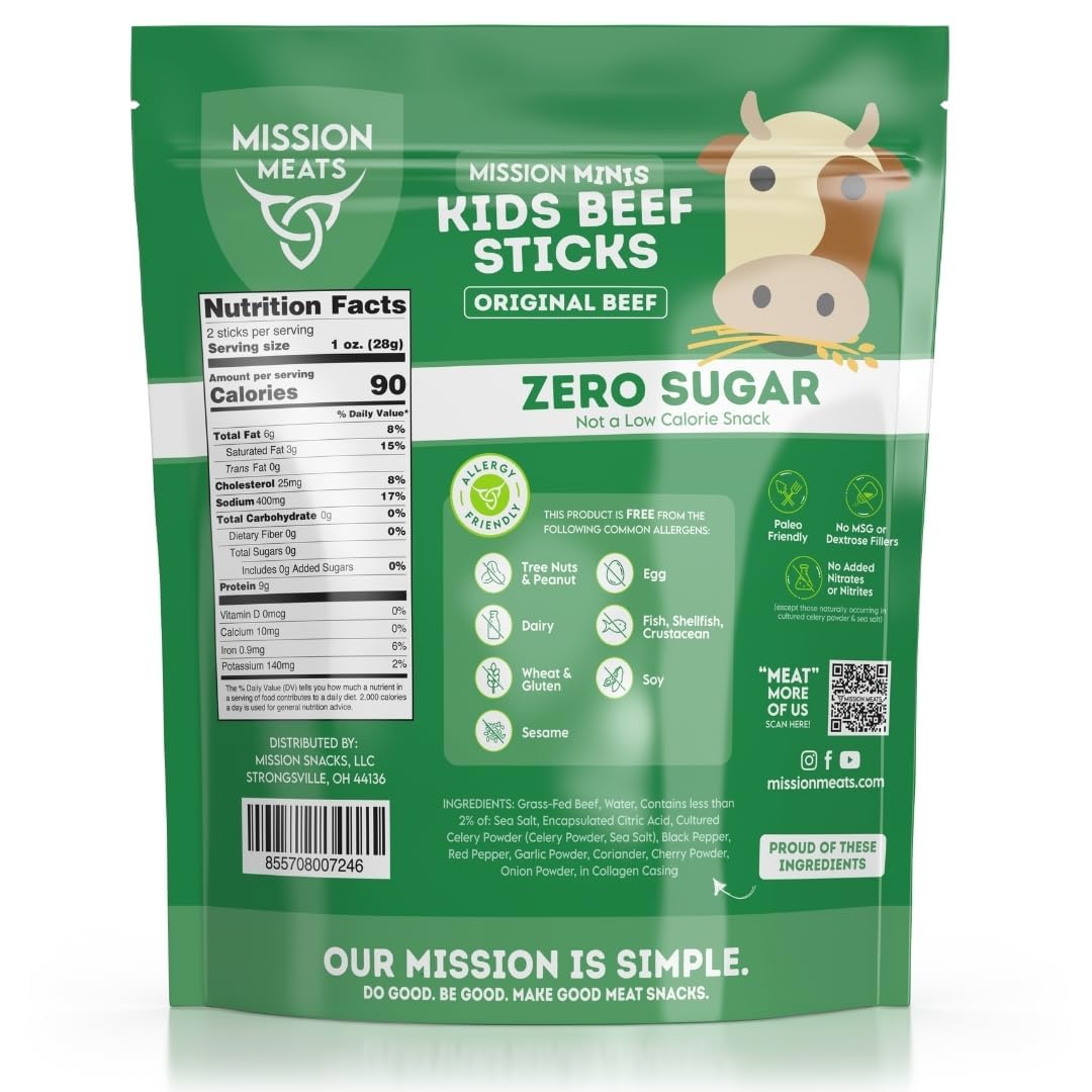 Mission Meats Kids Beef Sticks – 100% Grass Fed & Pasture Raised, Healthy Snacks for Kids and Toddlers, Gluten & Nut Free, Non - GMO, 0.5oz, 24 Count (Pack of 1) - Fresh Hearth