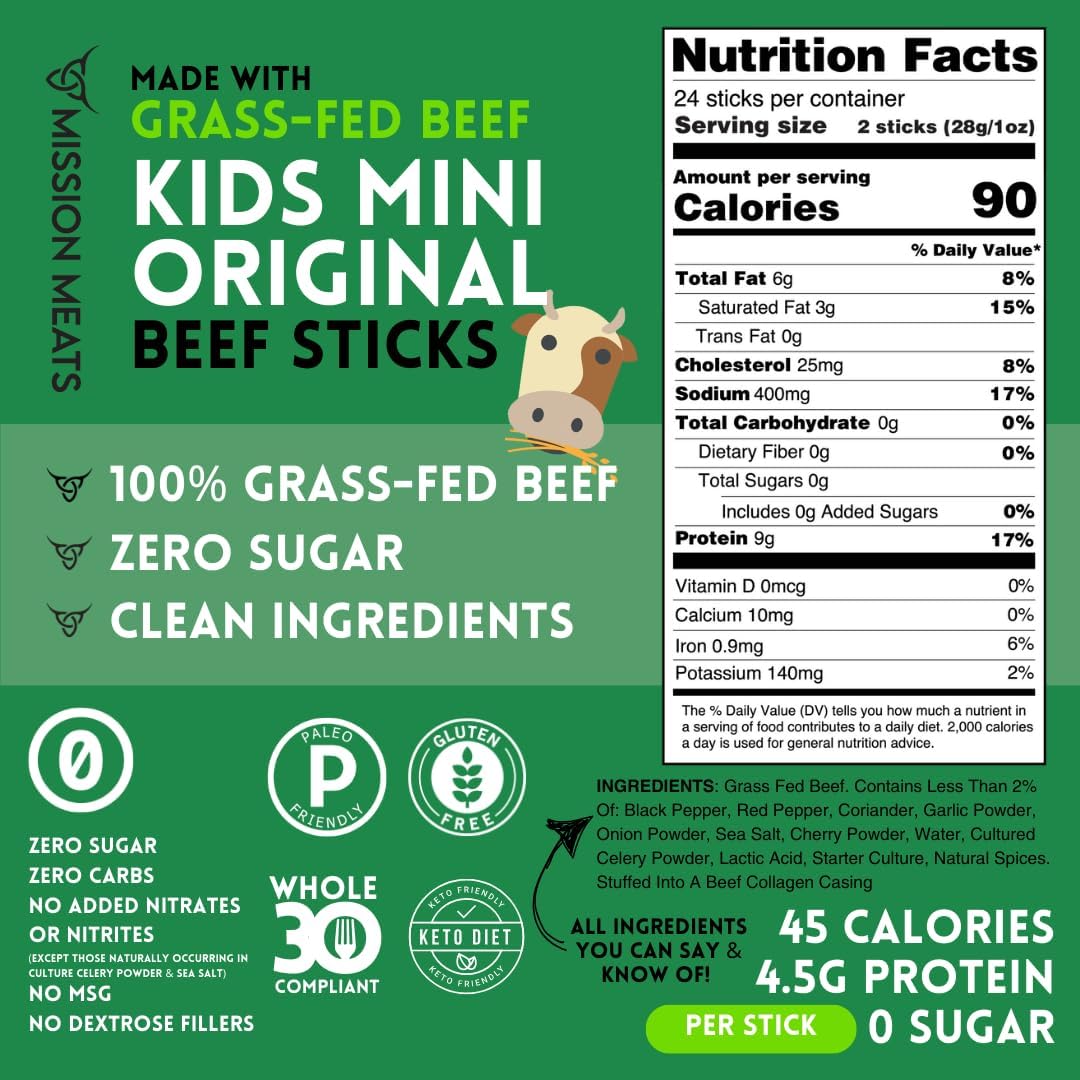 Mission Meats Kids Beef Sticks – 100% Grass Fed & Pasture Raised, Healthy Snacks for Kids and Toddlers, Gluten & Nut Free, Non - GMO, 0.5oz, 24 Count (Pack of 1) - Fresh Hearth