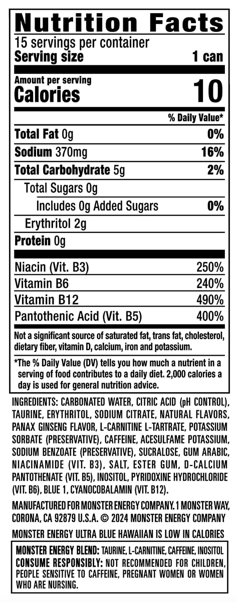 Monster Energy Ultra Blue Hawaiian, Sugar Free Energy Drink, 16 Ounce (Pack of 15) - Fresh Hearth