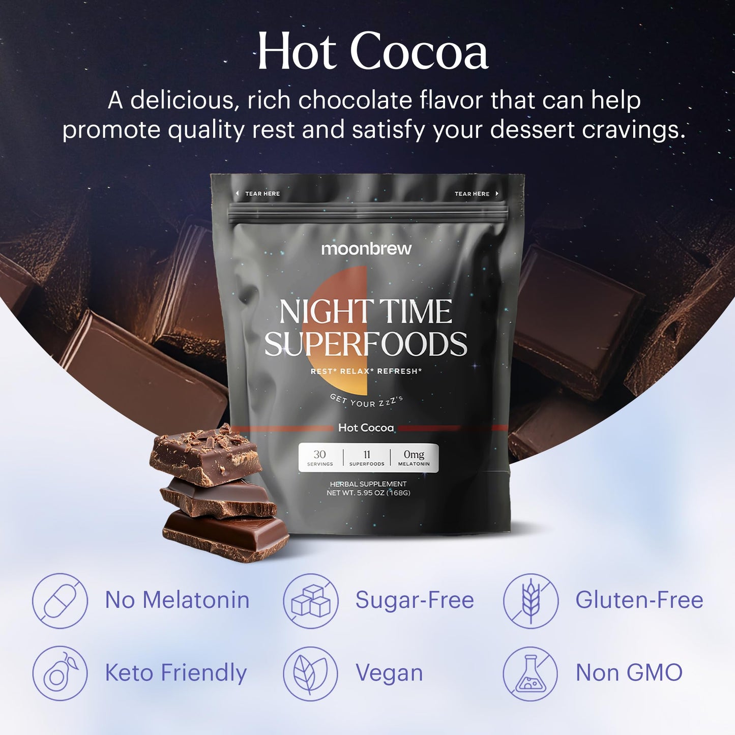 MoonBrew Nighttime Magnesium Hot Cocoa, Natural Sleep Aid Drink Mix for Adults - Calming Melatonin - Free Sleep Support - Sleepy Hot Chocolate Powder with L - Theanine, Chamomile & Zinc Glycinate - Fresh Hearth