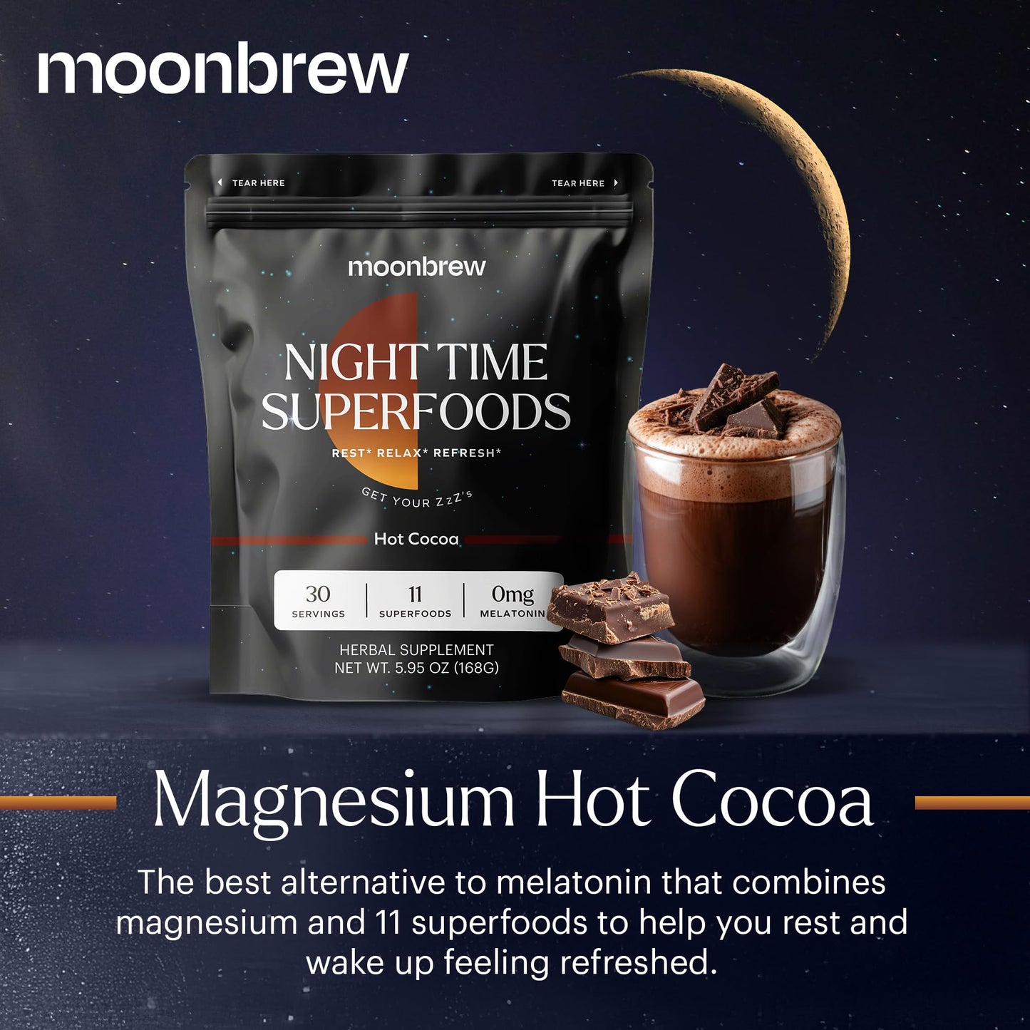 MoonBrew Nighttime Magnesium Hot Cocoa, Natural Sleep Aid Drink Mix for Adults - Calming Melatonin - Free Sleep Support - Sleepy Hot Chocolate Powder with L - Theanine, Chamomile & Zinc Glycinate - Fresh Hearth