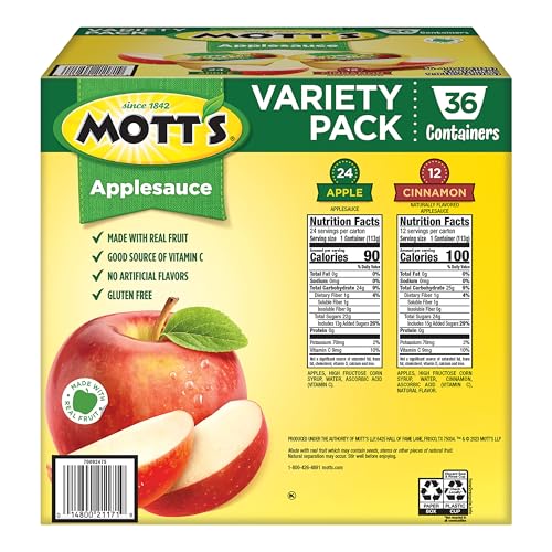 Mott's Apple & Cinnamon Variety Pack Applesauce, 4 oz cups, 36 count, No Artificial Flavors, Good Source Of Vitamin C, Nutritious Option For The Whole Family - Fresh Hearth