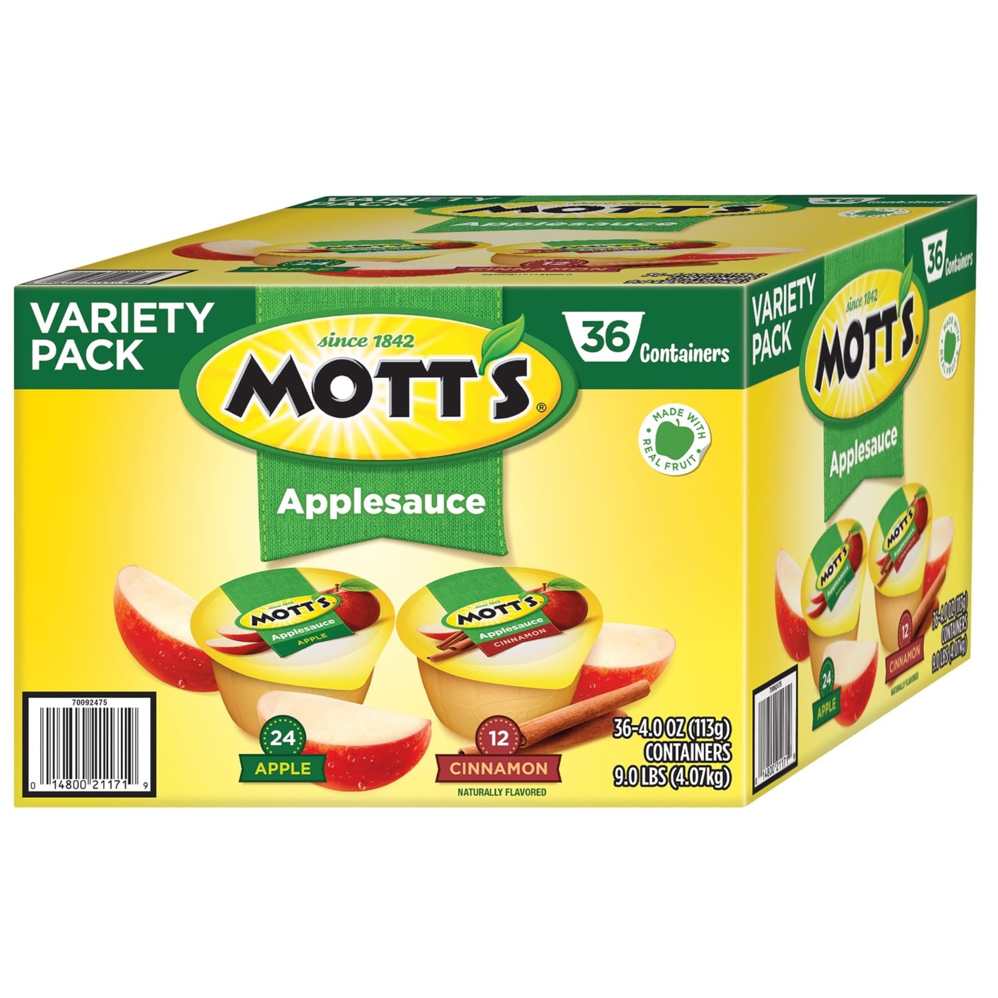 Mott's Apple & Cinnamon Variety Pack Applesauce, 4 oz cups, 36 count, No Artificial Flavors, Good Source Of Vitamin C, Nutritious Option For The Whole Family - Fresh Hearth