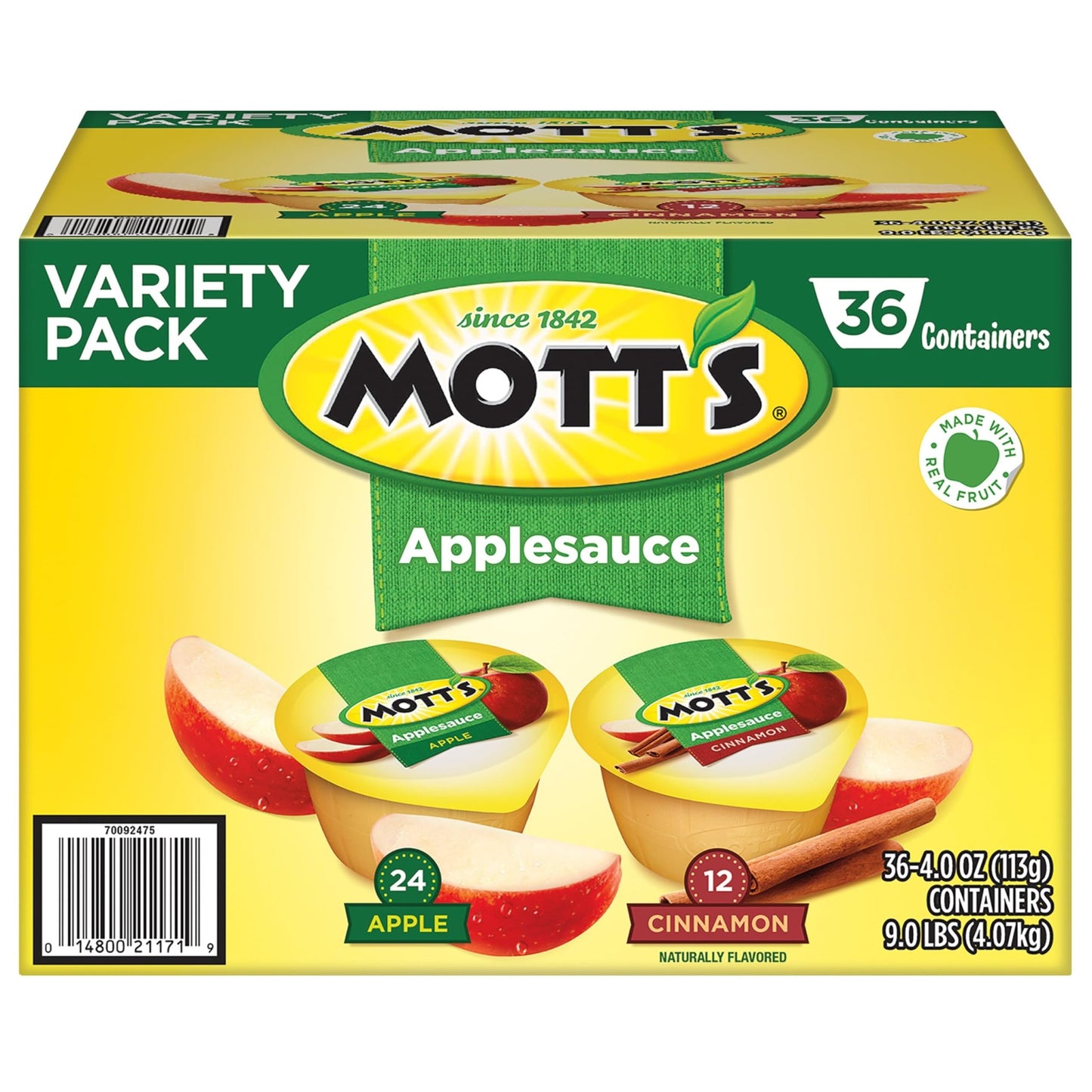 Mott's Apple & Cinnamon Variety Pack Applesauce, 4 oz cups, 36 count, No Artificial Flavors, Good Source Of Vitamin C, Nutritious Option For The Whole Family - Fresh Hearth