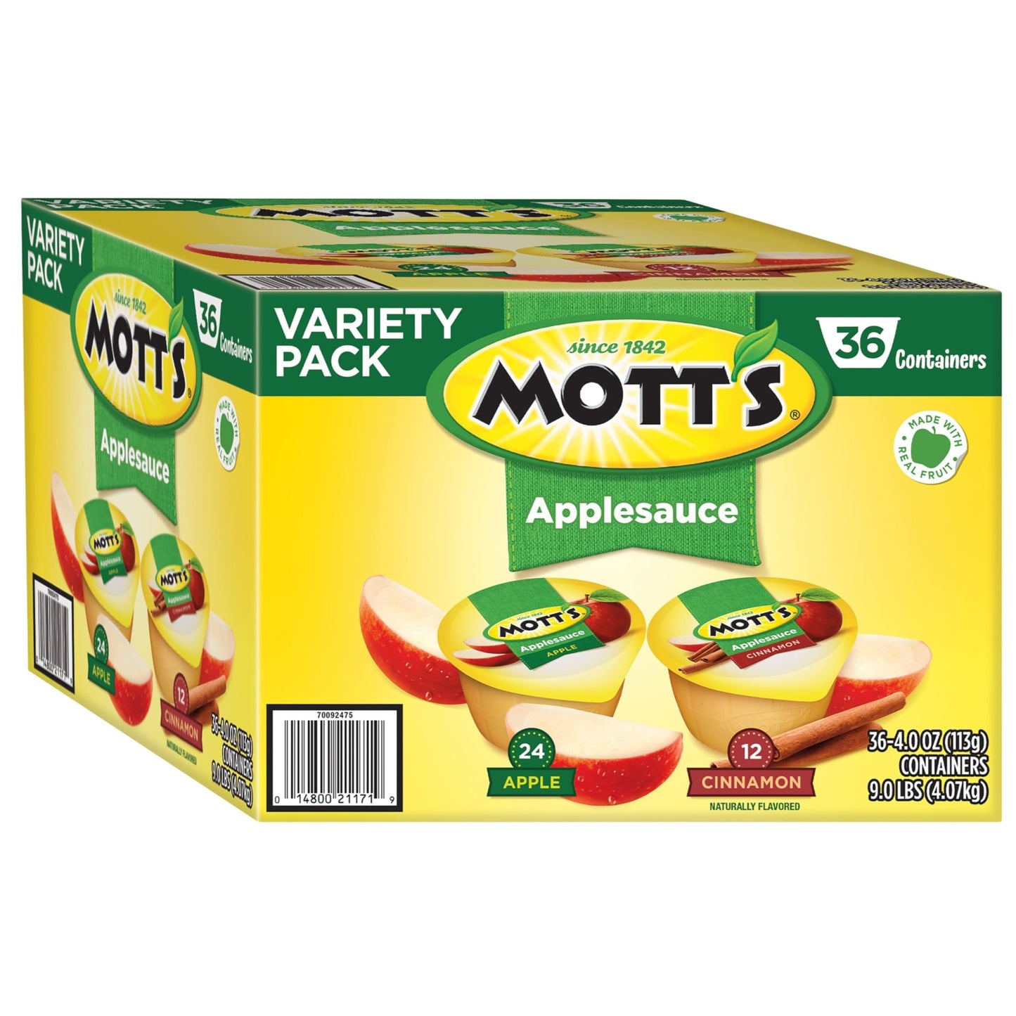 Mott's Apple & Cinnamon Variety Pack Applesauce, 4 oz cups, 36 count, No Artificial Flavors, Good Source Of Vitamin C, Nutritious Option For The Whole Family - Fresh Hearth
