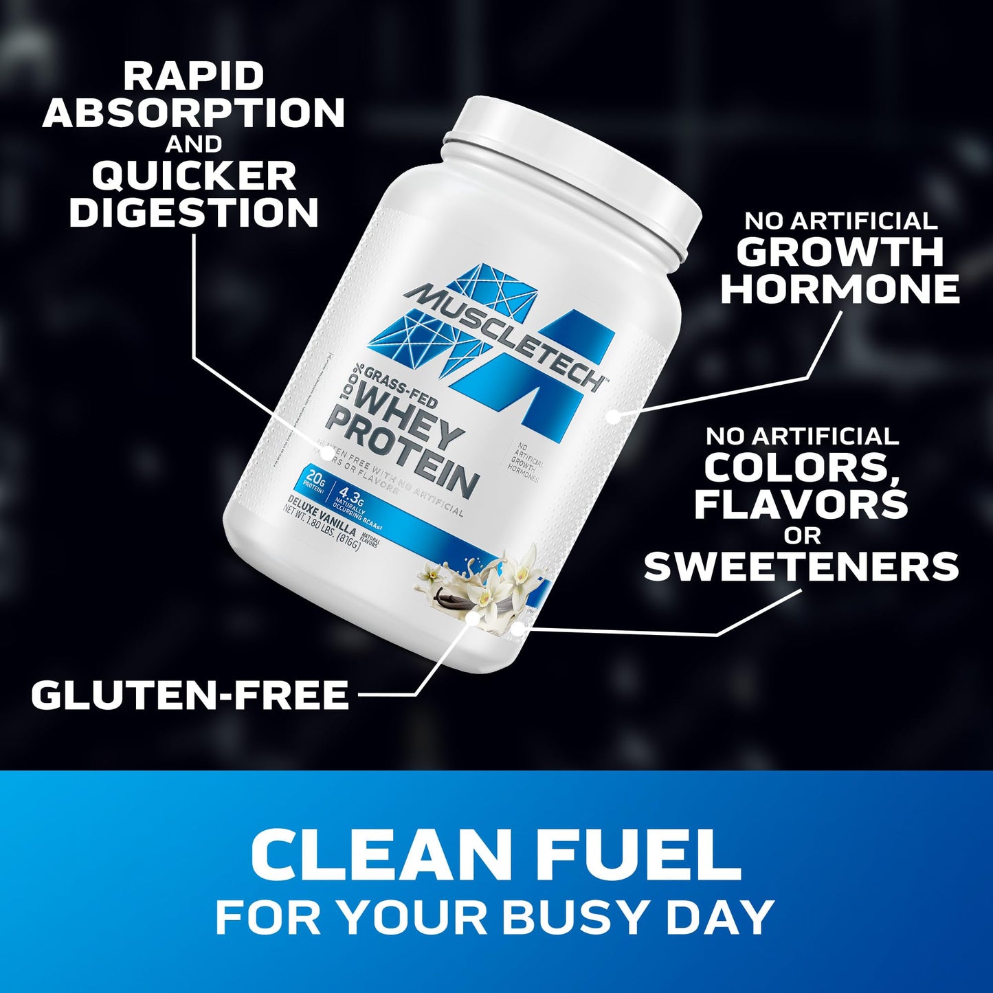 Muscletech Grass - Fed Whey Protein Powder (Deluxe Vanilla, 1.8LB) - Whey Protein Smoothie & Milk Shake Mix Supports Muscle Gain & Recovery - 20g of Whey Protein for Women & Men - Non - GMO & Gluten - Free - Fresh Hearth
