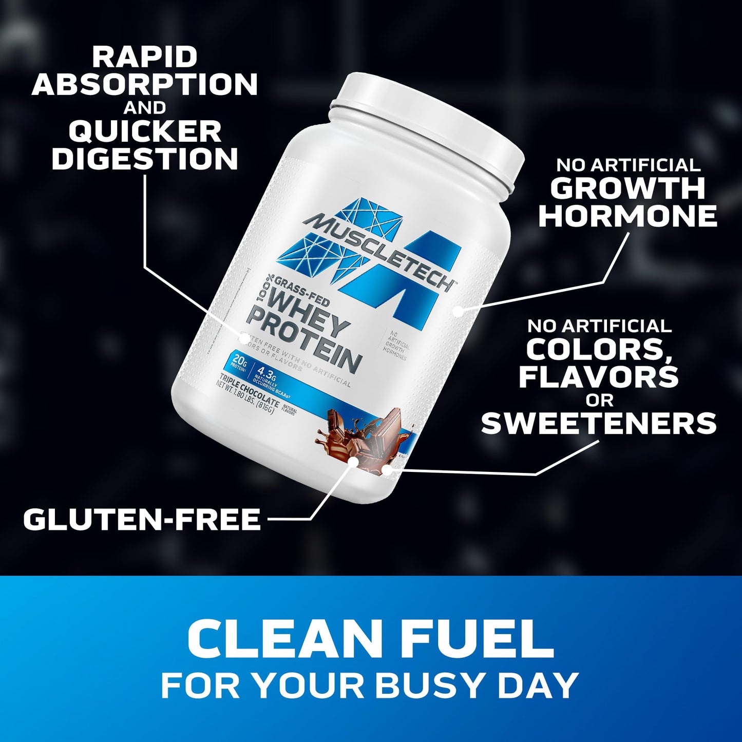 Muscletech Grass - Fed Whey Protein Powder (Triple Chocolate, 1.8LB) - Whey Protein Smoothie & Milk Shake Mix Supports Muscle Gain & Recovery - 20g of Whey Protein for Women & Men - Non - GMO, Gluten - Free - Fresh Hearth