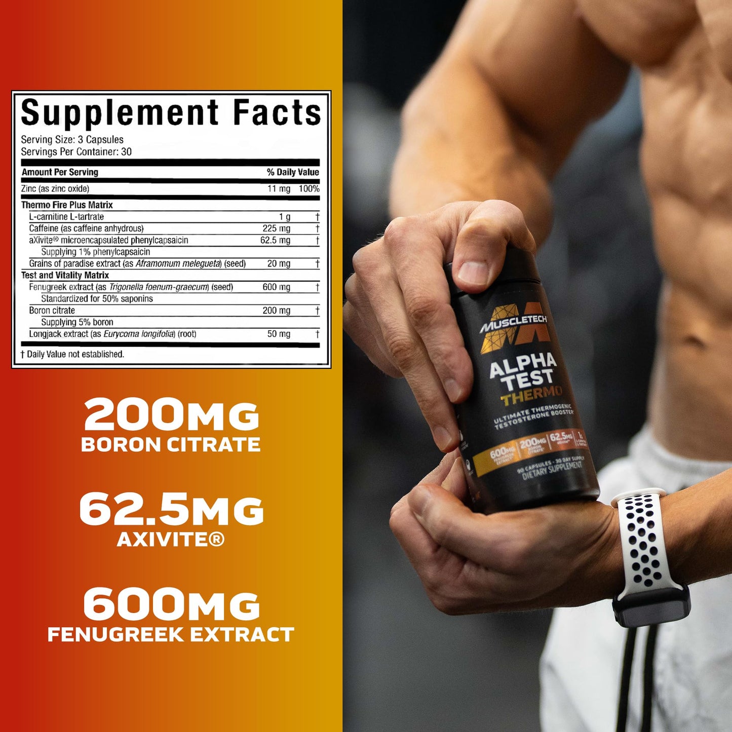 MuscleTech Thermogenic Testosterone Booster for Men, AlphaTest Thermo - T - Boost Mens Supplement with Tribulus Terrestris - Male Gym Workout Supplements for Muscle Growth, Stamina & Energy - 90 Pills - Fresh Hearth