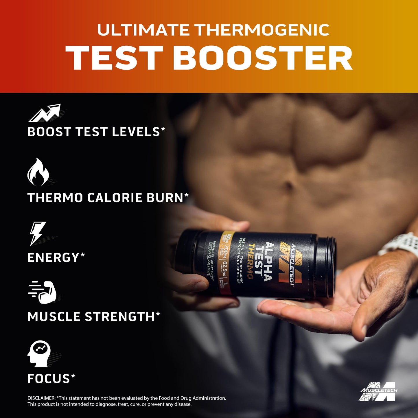MuscleTech Thermogenic Testosterone Booster for Men, AlphaTest Thermo - T - Boost Mens Supplement with Tribulus Terrestris - Male Gym Workout Supplements for Muscle Growth, Stamina & Energy - 90 Pills - Fresh Hearth