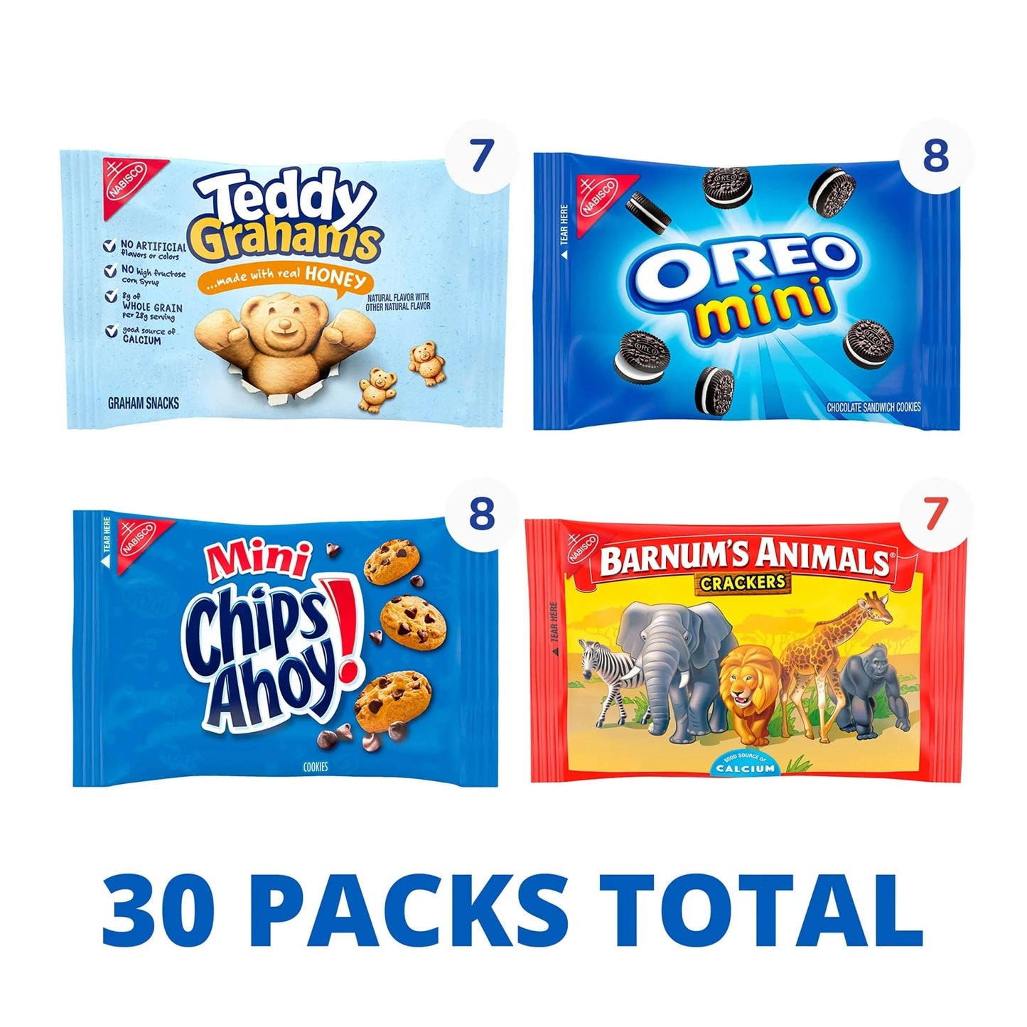 Nabisco Team Favorites Variety Pack, OREO Mini, CHIPS AHOY! Mini, Teddy Grahams Honey & Barnum's Animal Crackers, 30 Snack Packs - Fresh Hearth