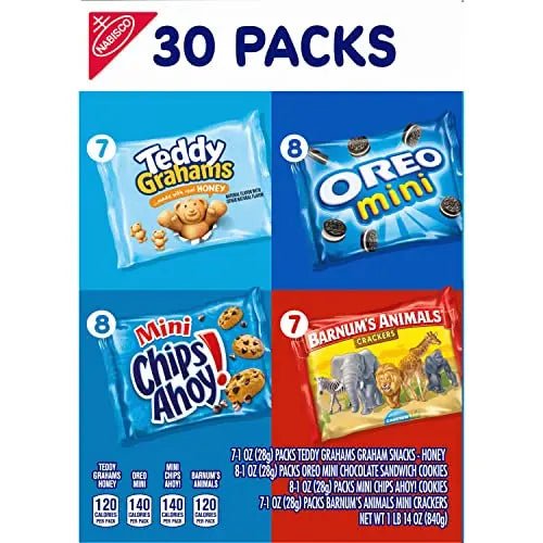 Nabisco Team Favorites Variety Pack, OREO Mini, CHIPS AHOY! Mini, Teddy Grahams Honey & Barnum's Animal Crackers, 30 Snack Packs - Fresh Hearth