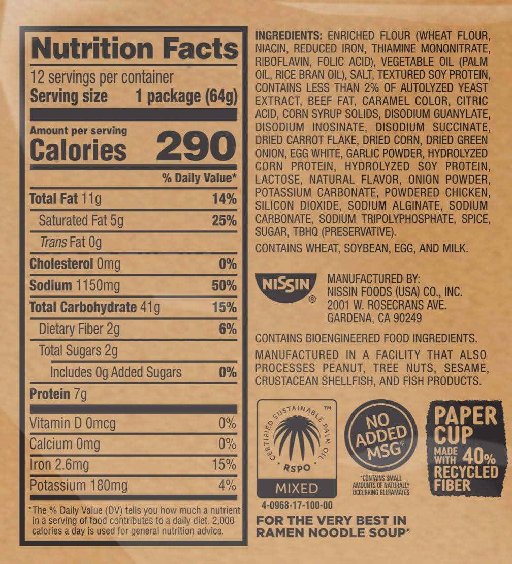Nissin Cup Noodles Soup, Beef Flavor, Microwaveable Paper Cups, Instant Ramen, 2.25 Ounce (Pack of 12) - Fresh Hearth