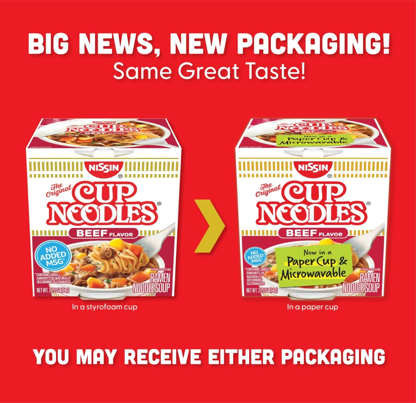 Nissin Cup Noodles Soup, Beef Flavor, Microwaveable Paper Cups, Instant Ramen, 2.25 Ounce (Pack of 12) - Fresh Hearth