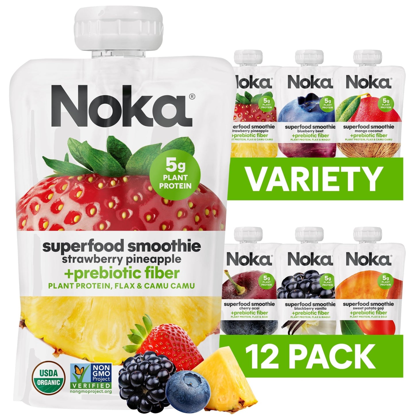 Noka Superfood Fruit Smoothie Pouches Variety Pack, Healthy Snacks with Flax Seed, Plant Protein and Prebiotic Fiber, Vegan and Gluten Free Snacks, Made in USA, Organic Squeeze Pouch, 4.22 oz, 12 Count - Fresh Hearth