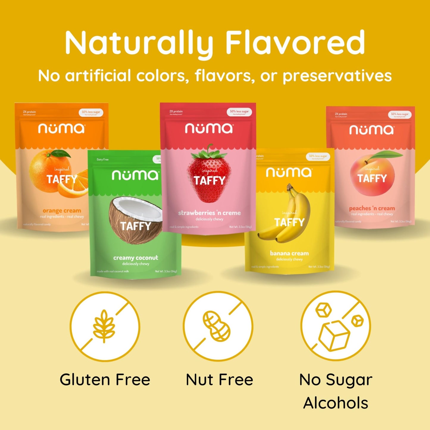 Numa Foods Nutritious Chewy & Creamy Candy Variety Pack - Low Sugar, All - Natural, Gluten Free, High Protein - 5 Bags of 10 Individually Wrapped Chews Each of Vanilla Banana Strawberry Coconut Coffee - Fresh Hearth