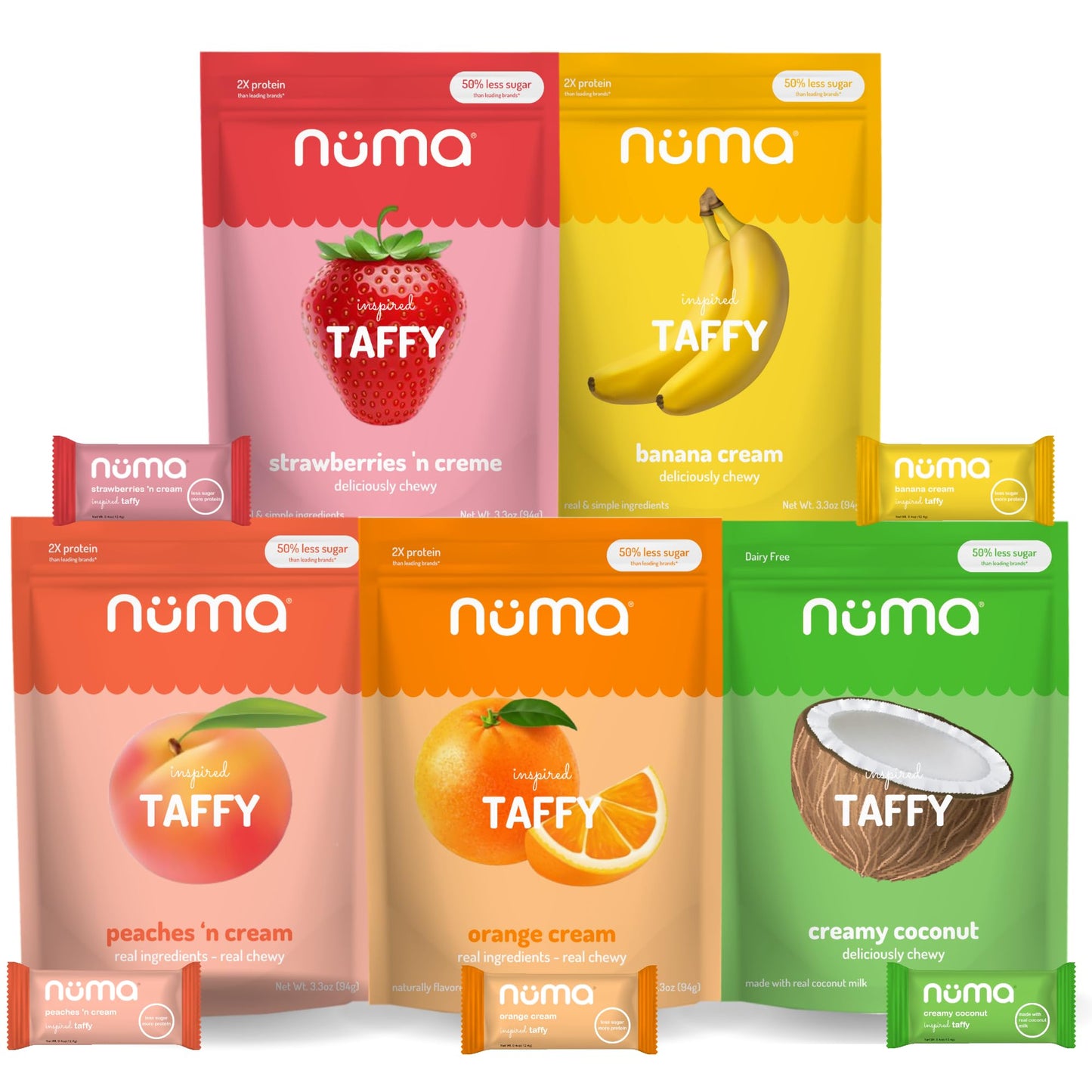 Numa Foods Nutritious Chewy & Creamy Candy Variety Pack - Low Sugar, All - Natural, Gluten Free, High Protein - 5 Bags of 10 Individually Wrapped Chews Each of Vanilla Banana Strawberry Coconut Coffee - Fresh Hearth