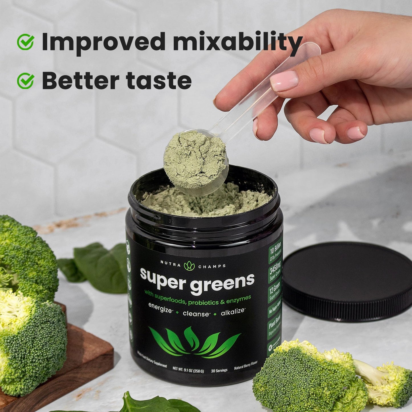 NutraChamps Super Greens Powder Premium Superfood | 20+ Organic Green Veggie Whole Foods | Wheat Grass, Spirulina, Chlorella | Antioxidant, Digestive Enzyme & Probiotic Blends (9.0 Oz, Berry) - Fresh Hearth