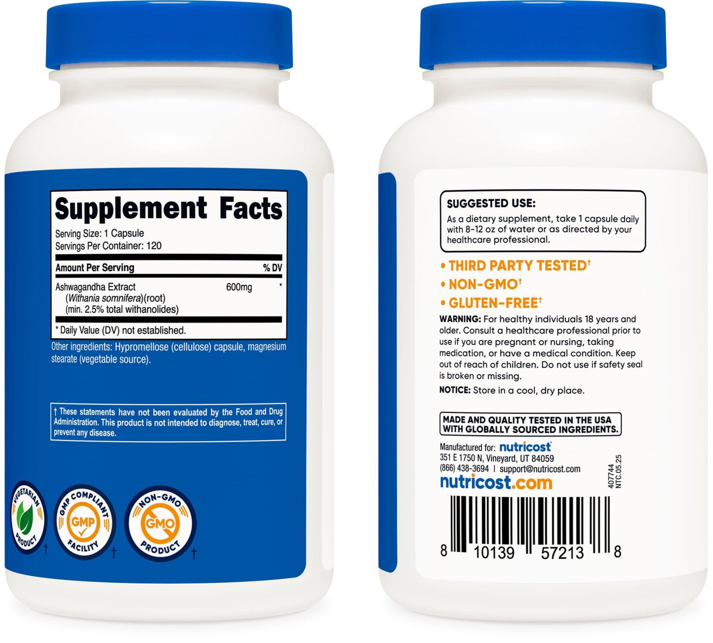 Nutricost Ashwagandha Herbal Supplement 600mg, 120 Capsules - Vegetarian, Non - GMO, Gluten Free, Ashwagandha Root - Fresh Hearth