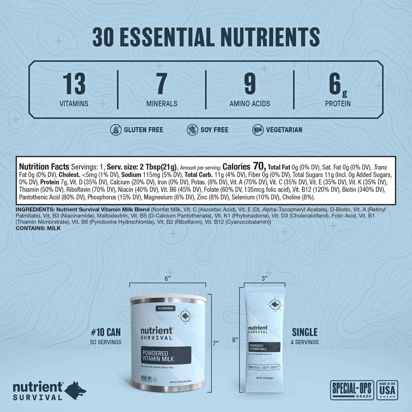 Nutrient Survival Vitamin Powdered Milk, Freeze Dried Prepper Supplies & Emergency Food Supply, 21 Essential Nutrients, Soy & Gluten Free, Shelf Stable Up to 25 Years, One Can, 50 Servings - Fresh Hearth