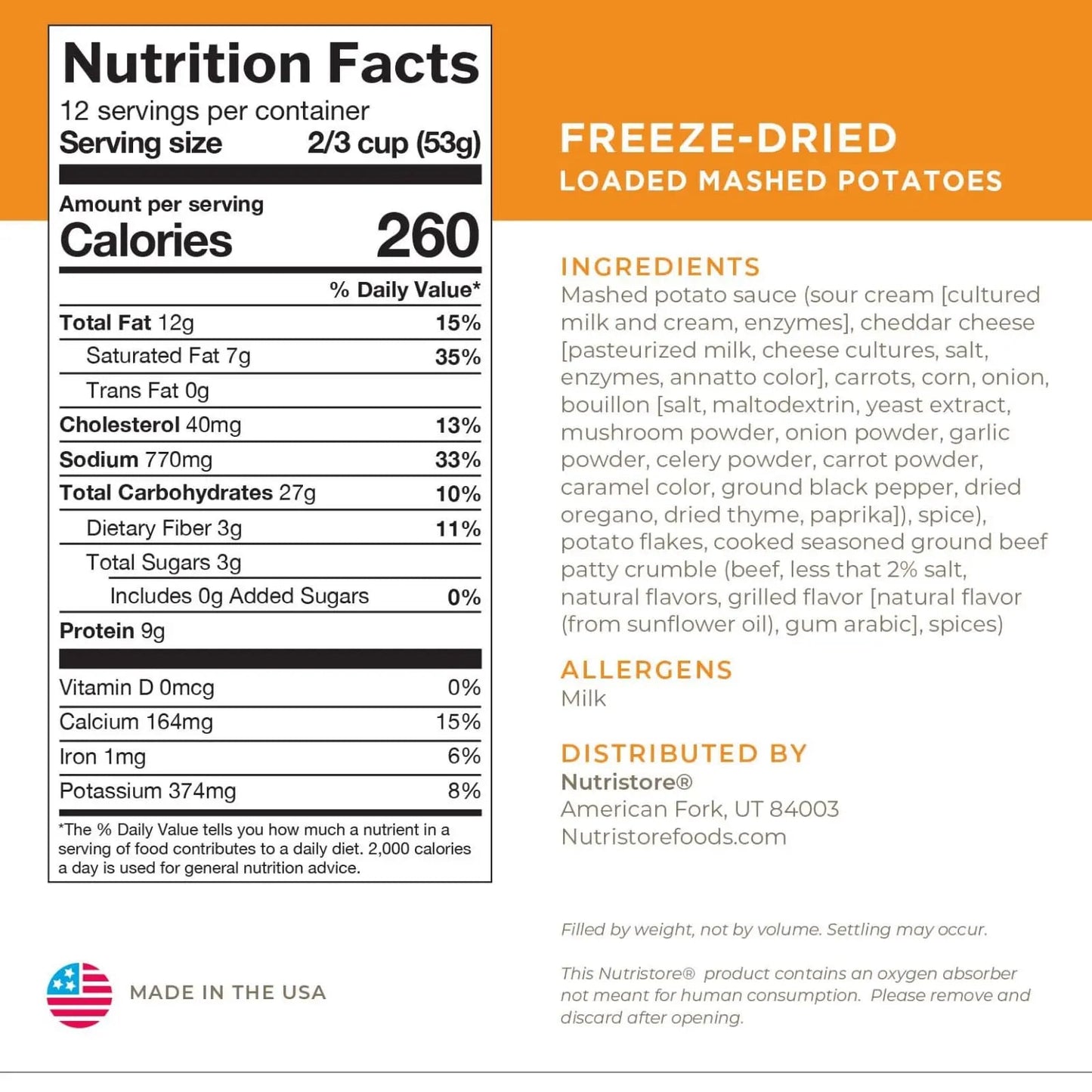 Nutristore Freeze - Dried Loaded Mashed Potatoes | Emergency Survival Bulk Food Storage Meal | Perfect for Everyday Quick Meals and Long - Term Storage | 25 Year Shelf Life | USDA Inspected (1 - Pack) - Fresh Hearth