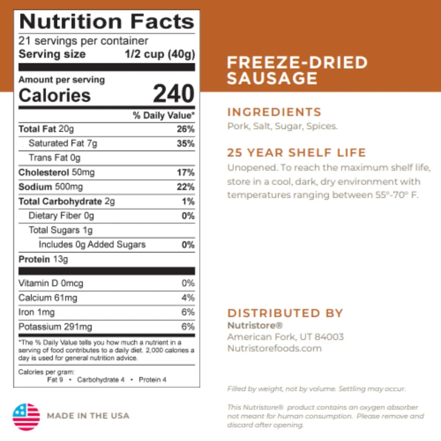 Nutristore Freeze Dried Sausage Crumbles | Survival Emergency Food Supply, Meal Prep, Camping | Made in USA | 25 Year Shelf Life | 10 Can, 29.6 oz - Fresh Hearth