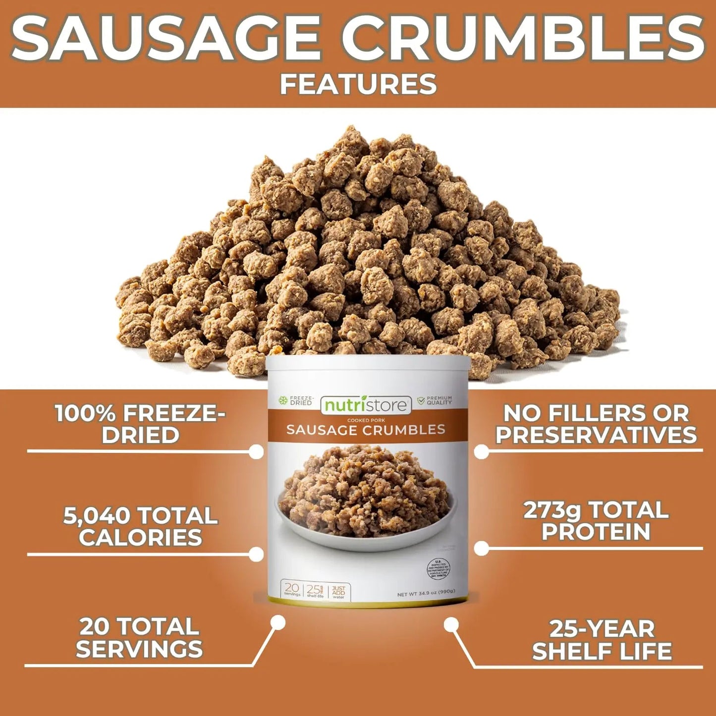 Nutristore Freeze Dried Sausage Crumbles | Survival Emergency Food Supply, Meal Prep, Camping | Made in USA | 25 Year Shelf Life | 10 Can, 29.6 oz - Fresh Hearth