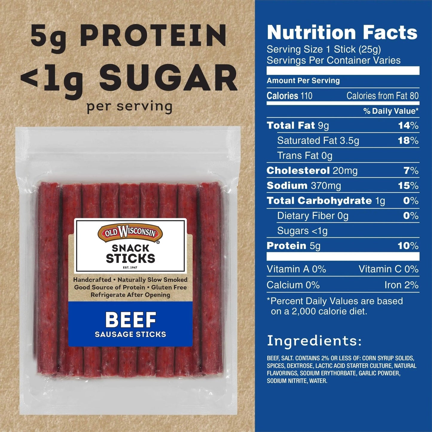 Old Wisconsin Beef Sausage Snack Sticks, Naturally Smoked, Ready to Eat, High Protein, Low Carb, Keto, Gluten Free, 26 Ounce Resealable Package - Fresh Hearth