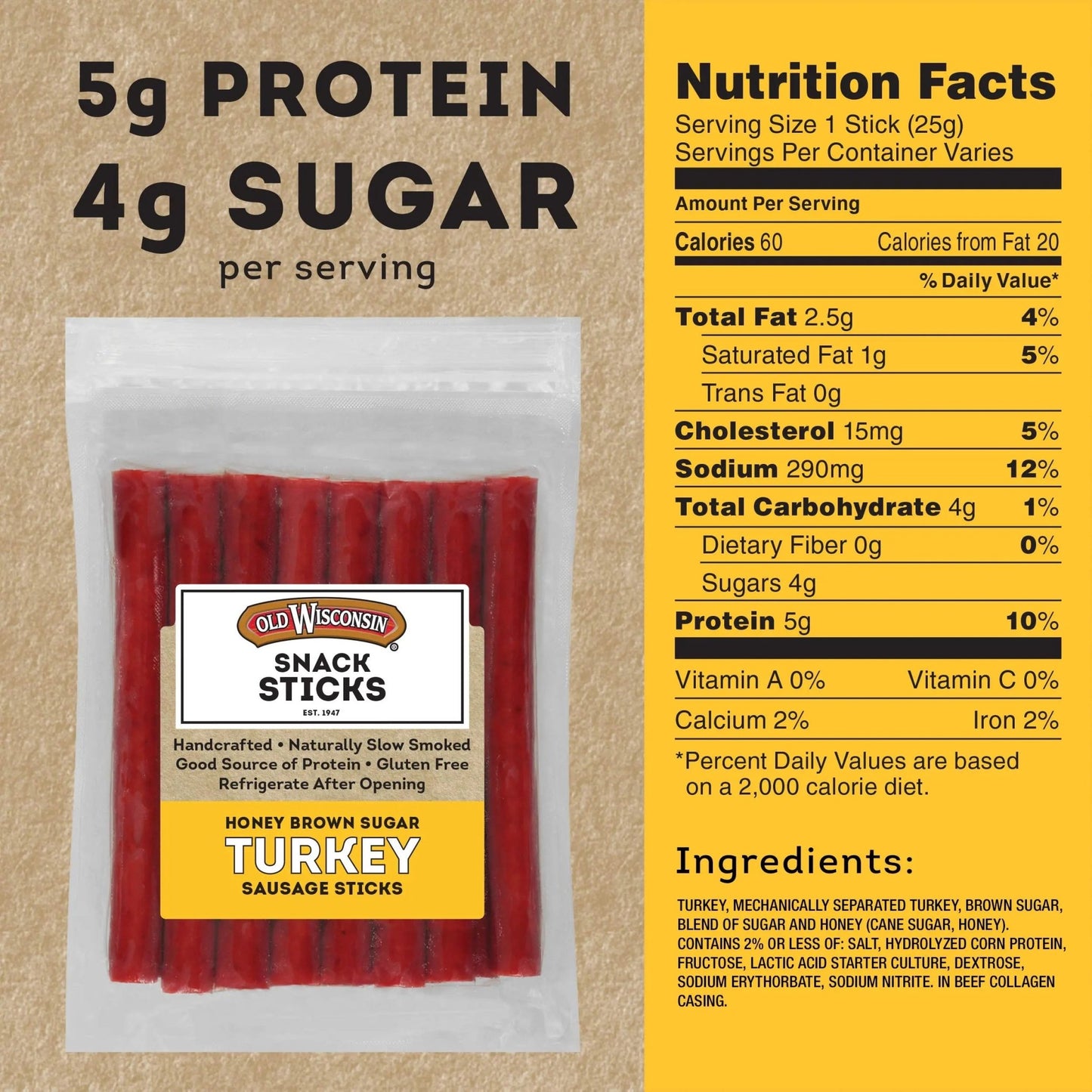 Old Wisconsin Honey Brown Sugar Turkey Sausage Snack Sticks, Naturally Smoked, Ready to Eat, High Protein, Low Carb, Keto, Gluten Free, 16 Ounce Resealable Package, Honey Turkey - Fresh Hearth