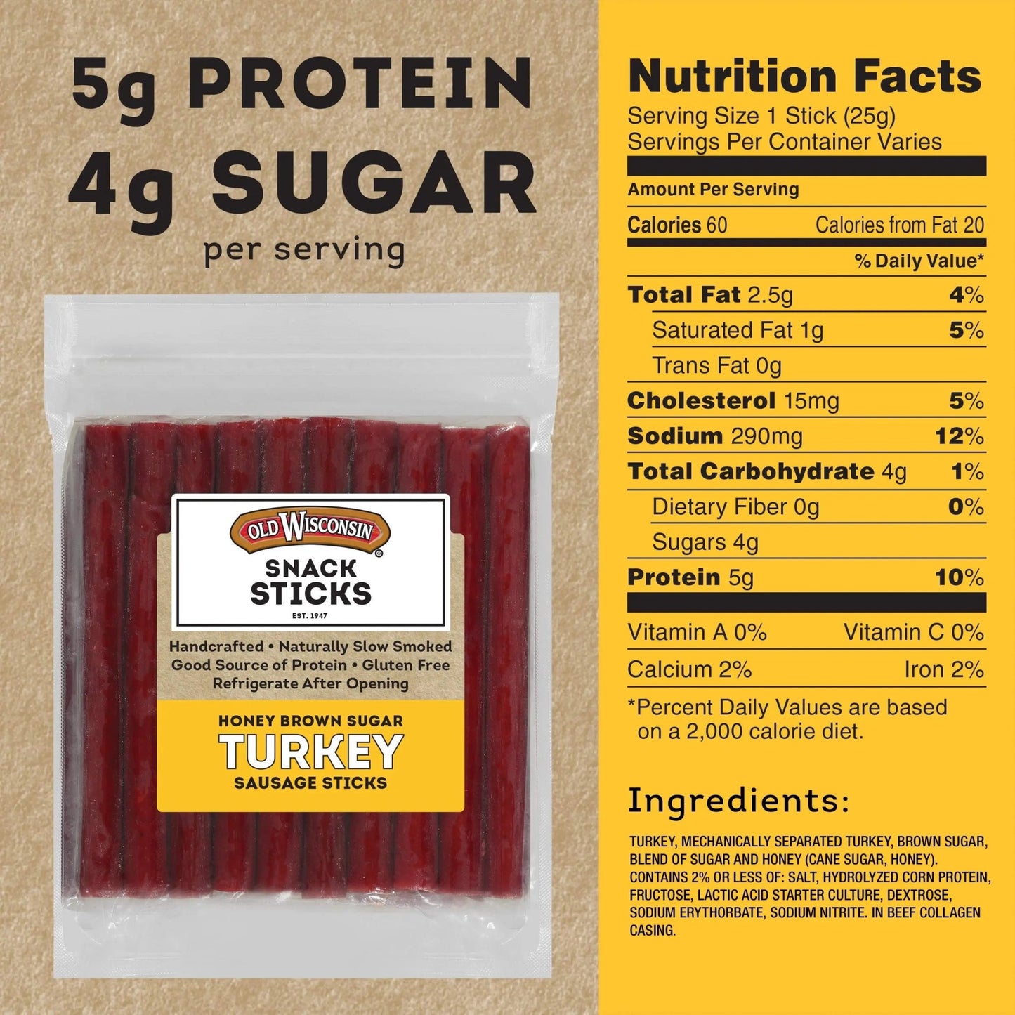 Old Wisconsin Turkey Sausage Honey Brown Sugar Turkey Sausage Snack Sticks, Naturally Smoked, Ready to Eat, High Protein, Low Carb, Keto, Gluten Free, 28 Ounce Resealable Package - Fresh Hearth