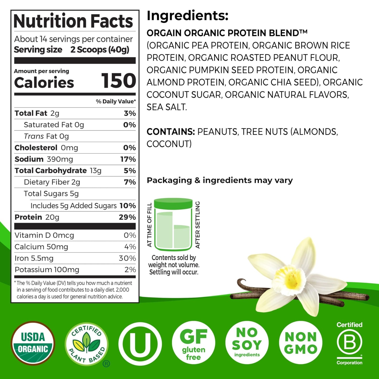 Orgain Organic Simple Vegan Protein Powder, Vanilla - 20g Plant Based Protein, Made with less Ingredients, No Artificial Sweeteners, Gluten Free, No Dairy or Lactose, 1.25 lb (Packaging May Vary) - Fresh Hearth
