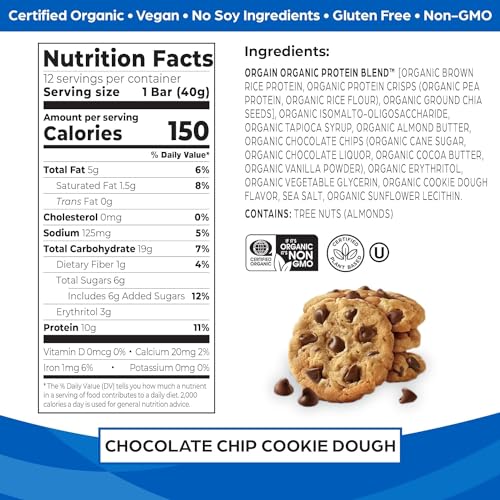 Orgain Organic Vegan Protein Bars, Chocolate Chip Cookie Dough - 10g Plant Based Protein, Low Calorie Healthy Snacks, No Lactose or Soy Ingredients, Gluten Free, Non - GMO - 1.41 Oz (Pack of 12) - Fresh Hearth