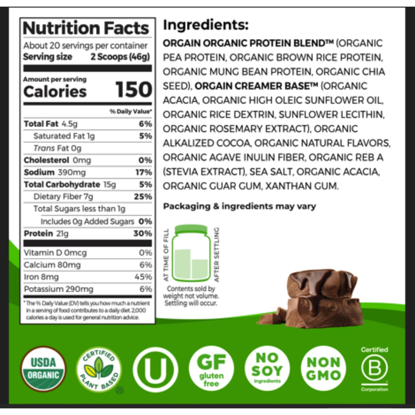 Orgain Organic Vegan Protein Powder, Creamy Chocolate Fudge - 21g Plant Protein, 6g Prebiotic Fiber, Low Net Carb, No Lactose Ingredients, No Added Sugar, Non - GMO, For Shakes & Smoothies, 2.03 lb - Fresh Hearth