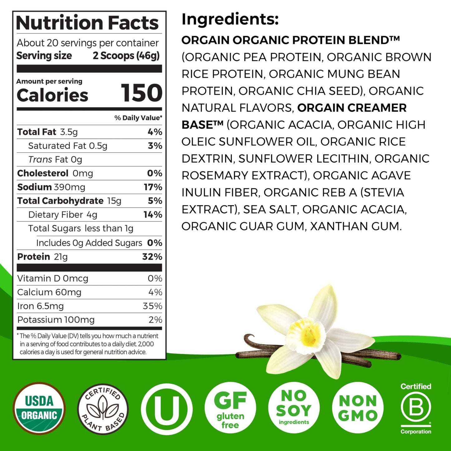 Orgain Organic Vegan Protein Powder, Vanilla Bean - 21g Plant Protein, 4g Prebiotic Fiber, No Lactose Ingredients, No Added Sugar, Non - GMO, For Shakes & Smoothies, 2.03 lb (Packaging May Vary) - Fresh Hearth
