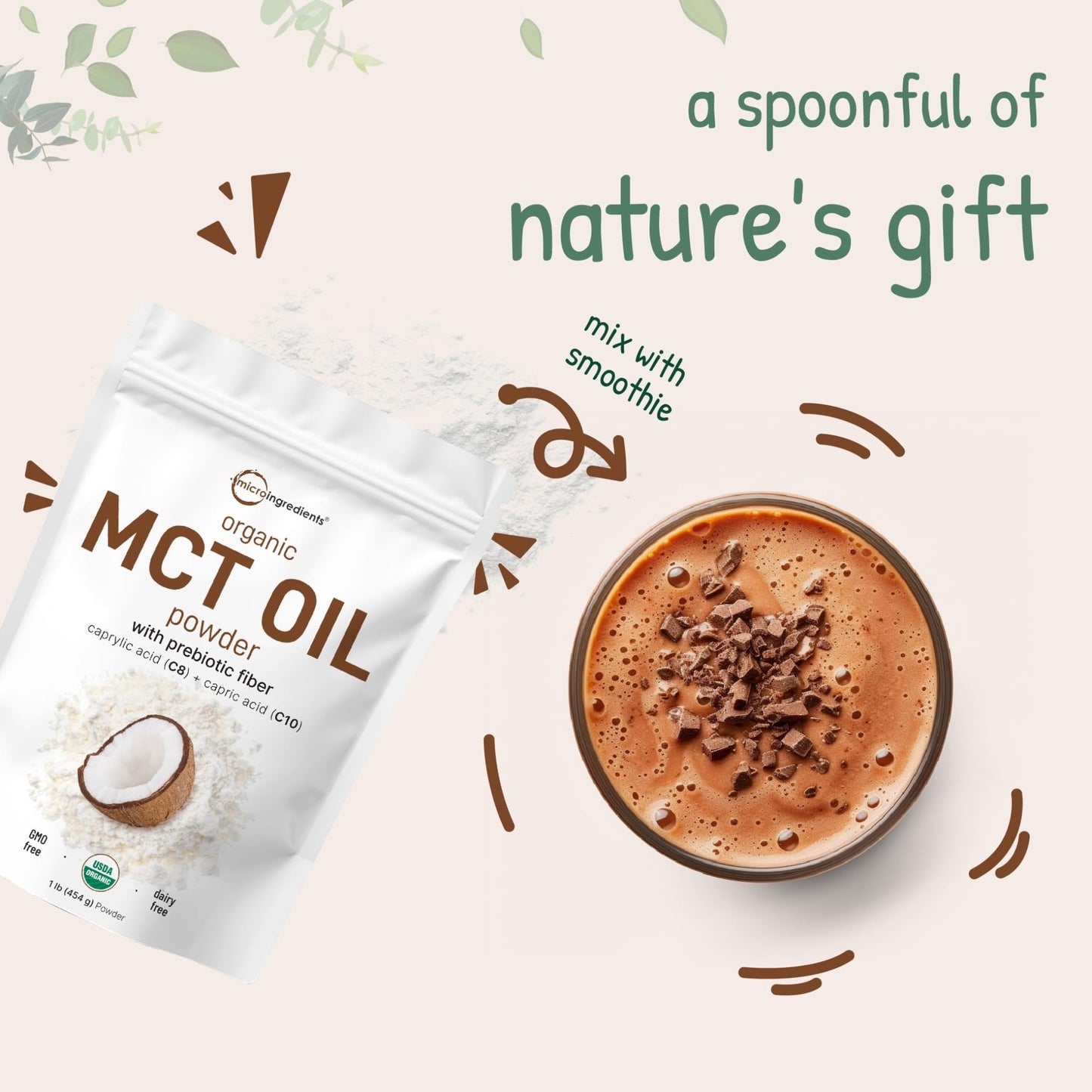 Organic MCT Oil Powder with Prebiotic Fiber,1 Pound(16 Ounce), Fast Fuel for Body and Brain, C8 MCT Oil for Coffee Creamer, No GMOs, Keto Diet, Vegan - Fresh Hearth