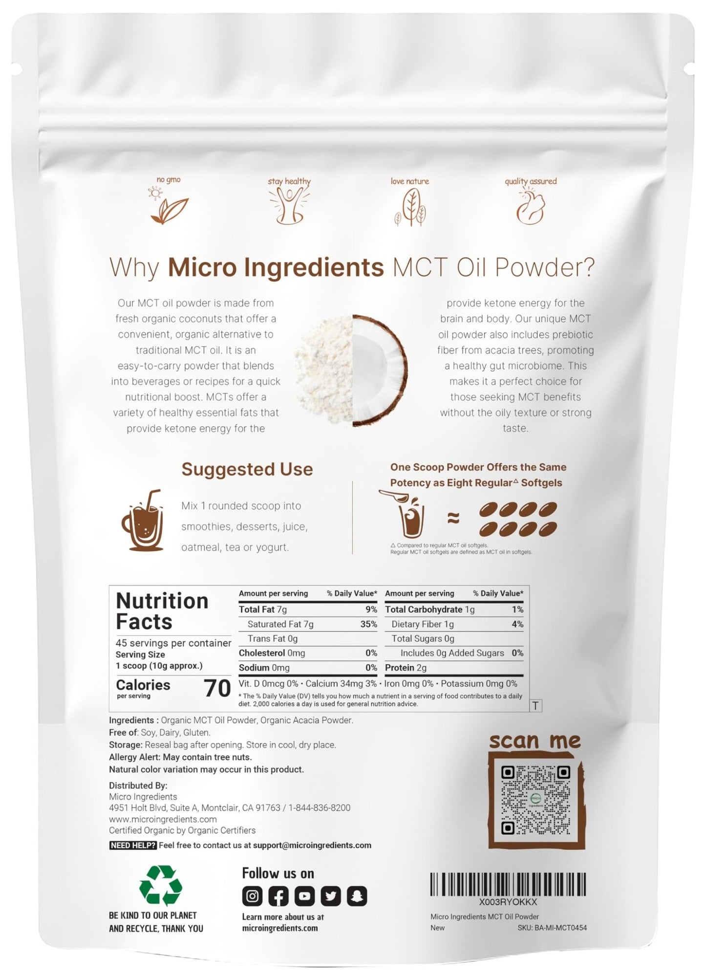 Organic MCT Oil Powder with Prebiotic Fiber,1 Pound(16 Ounce), Fast Fuel for Body and Brain, C8 MCT Oil for Coffee Creamer, No GMOs, Keto Diet, Vegan - Fresh Hearth