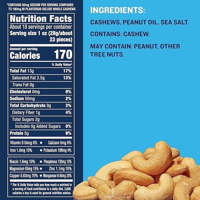PLANTERS Deluxe Lightly Salted Cashews, Party Snacks, Plant - Based Protein, Quick Snack for Adults, After School Snack, Flavored with Sea Salt, Kosher, 1lb 2.25oz - Fresh Hearth