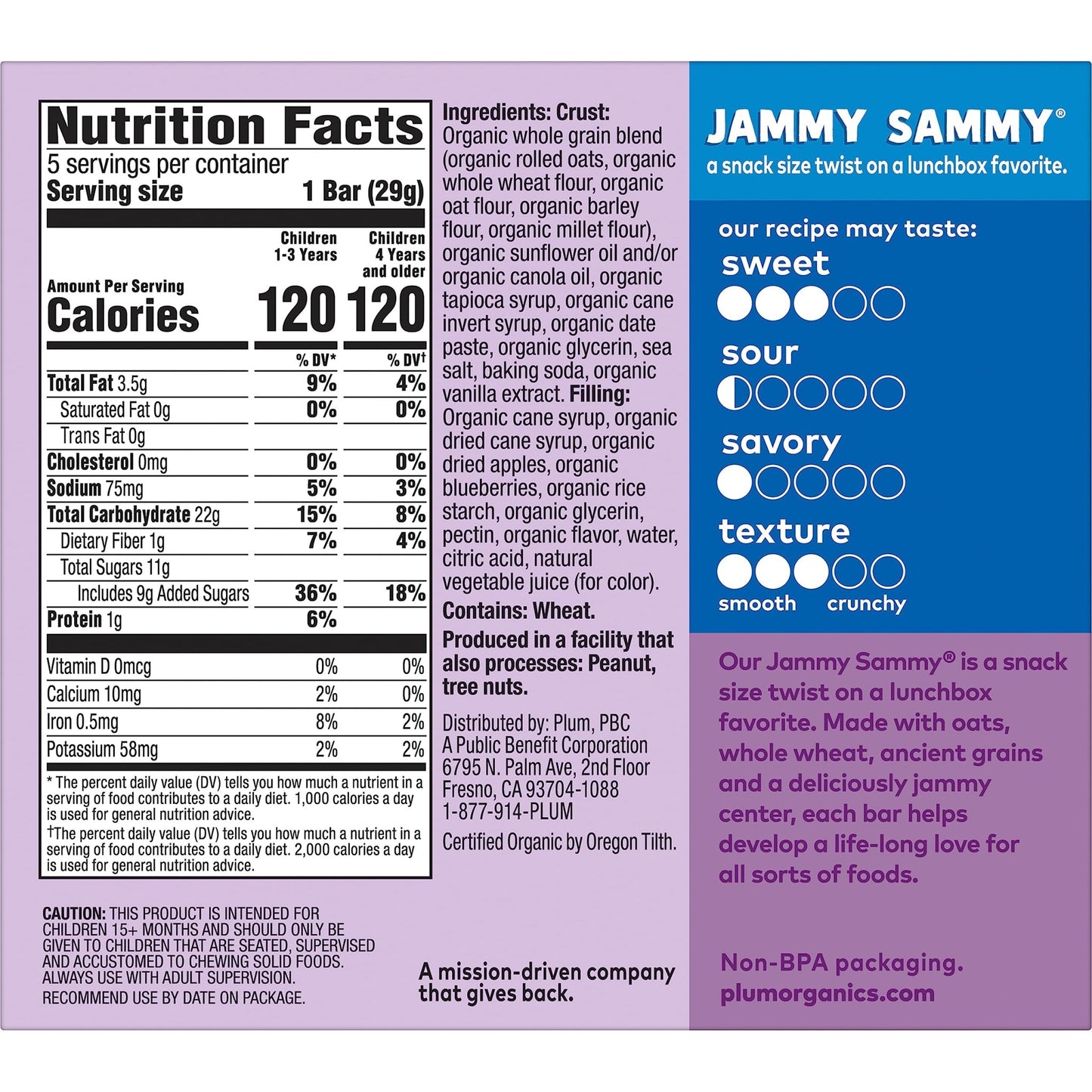 Plum Organics Jammy Sammy Snack Bars - Blueberry and Oatmeal - 1.02 oz Bars (Pack of 10) - Organic Toddler Food Snack Bars - Fresh Hearth