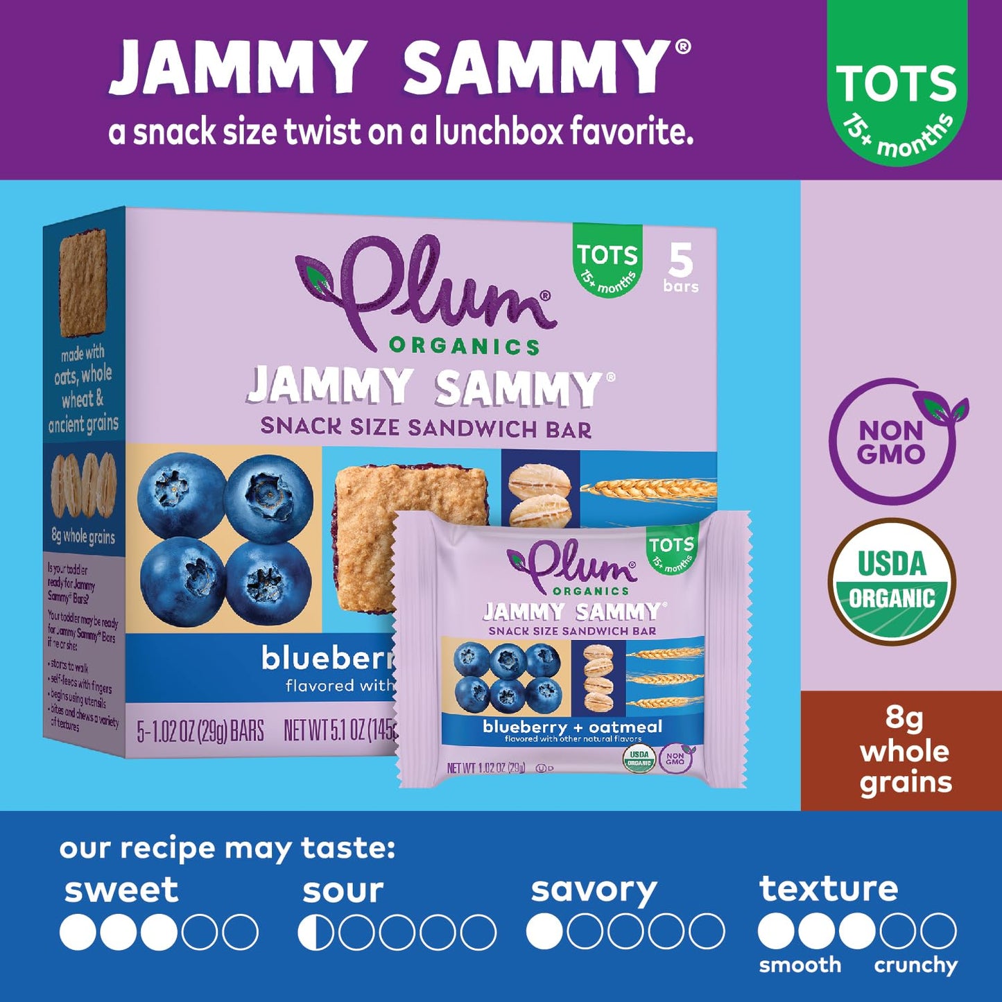 Plum Organics Jammy Sammy Snack Bars - Blueberry and Oatmeal - 1.02 oz Bars (Pack of 10) - Organic Toddler Food Snack Bars - Fresh Hearth
