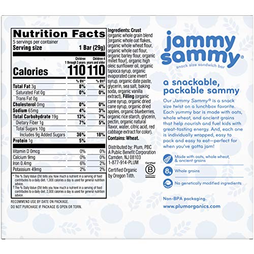 Plum Organics Jammy Sammy Snack Bars - Blueberry and Oatmeal - 1.02 oz Bars (Pack of 10) - Organic Toddler Food Snack Bars - Fresh Hearth