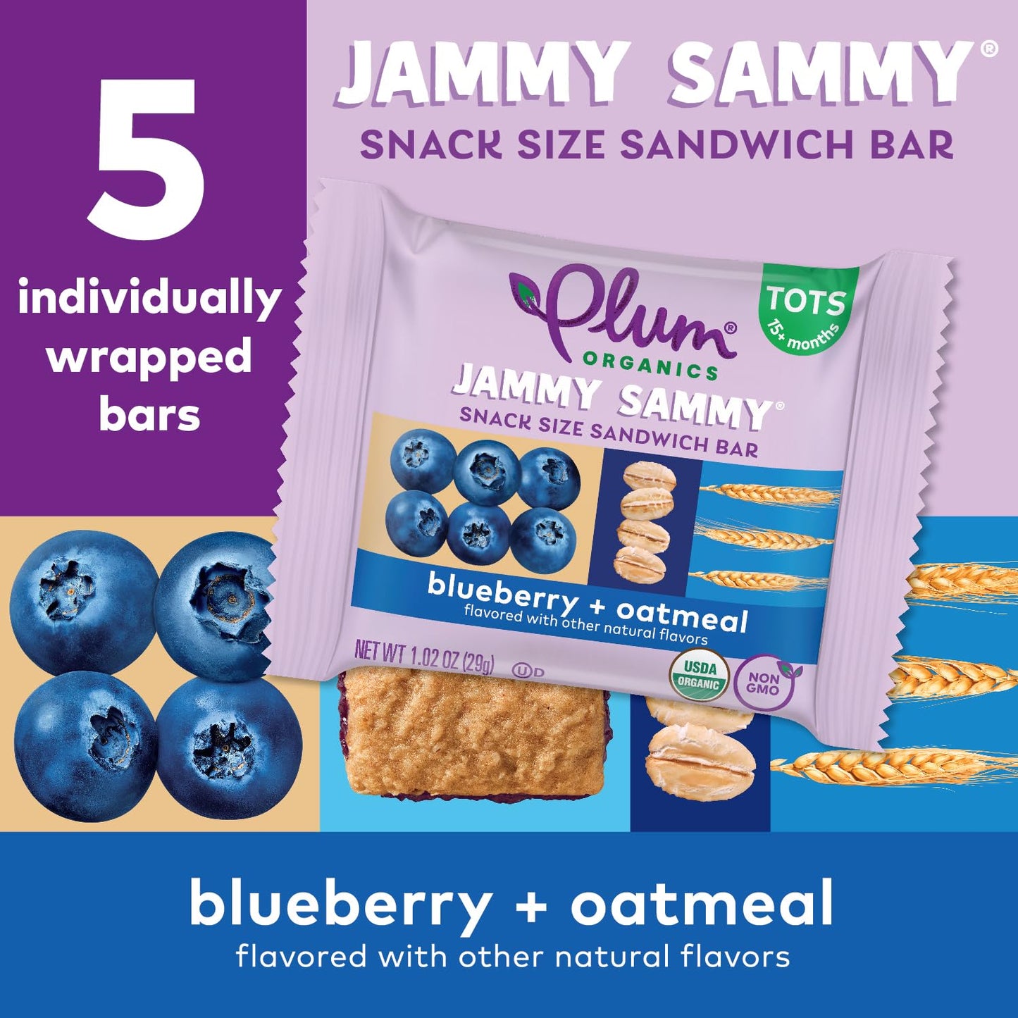 Plum Organics Jammy Sammy Snack Bars - Blueberry and Oatmeal - 1.02 oz Bars (Pack of 10) - Organic Toddler Food Snack Bars - Fresh Hearth