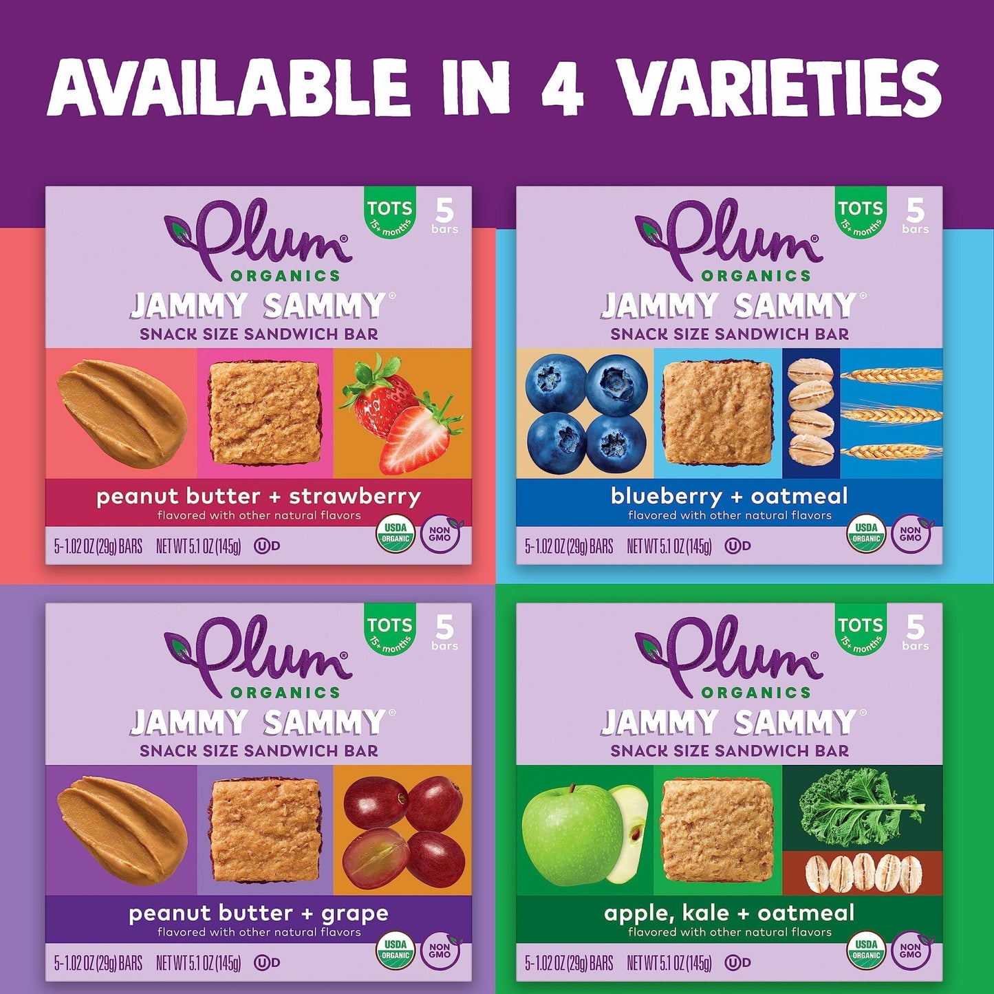 Plum Organics Jammy Sammy Snack Bars - Blueberry and Oatmeal - 1.02 oz Bars (Pack of 10) - Organic Toddler Food Snack Bars - Fresh Hearth