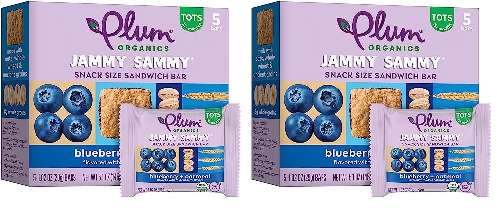 Plum Organics Jammy Sammy Snack Bars - Blueberry and Oatmeal - 1.02 oz Bars (Pack of 10) - Organic Toddler Food Snack Bars - Fresh Hearth