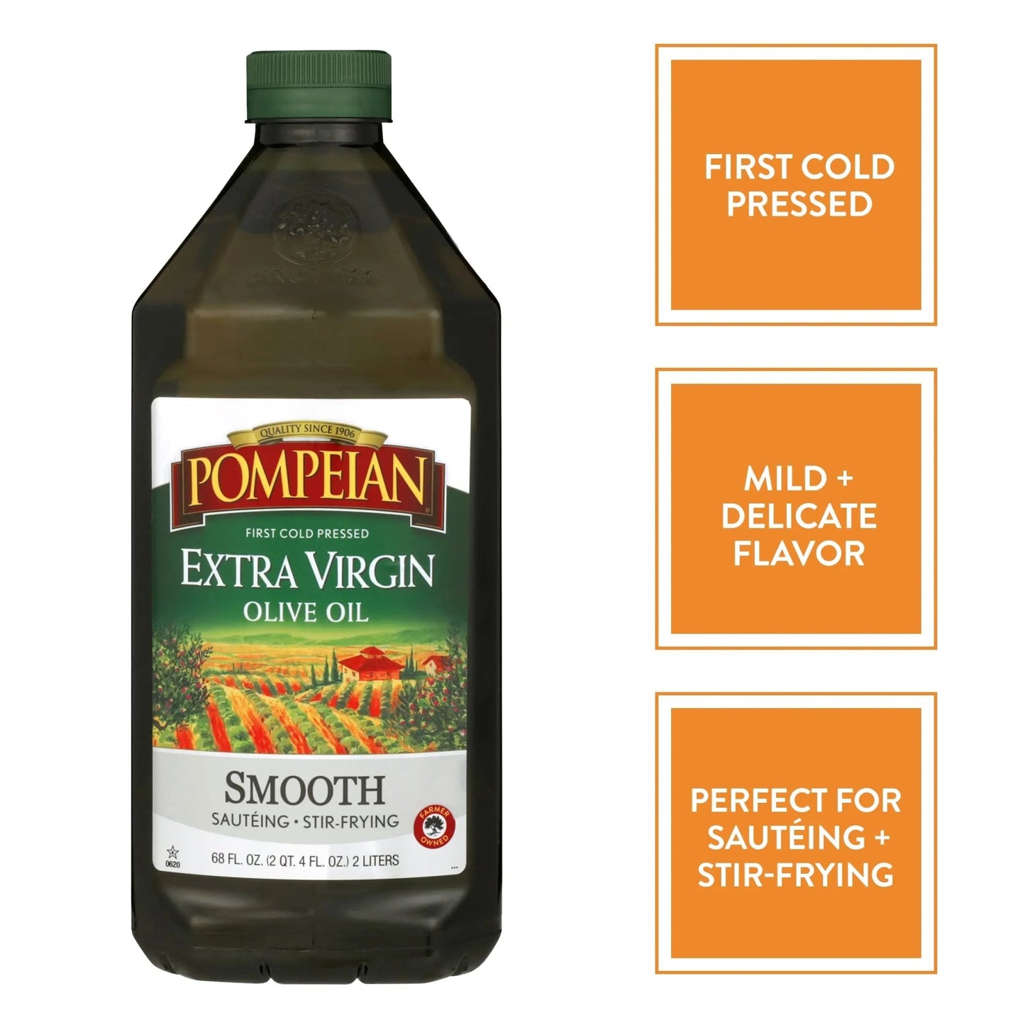 Pompeian Smooth Extra Virgin Olive Oil, Contains Polyphenols, First Cold Pressed Oil, Mild and Delicate Flavor, Perfect for Sauteing & Stir - Frying, Naturally Gluten - Free, Non - GMO, 68 Fl Oz, Single Bottle - Fresh Hearth